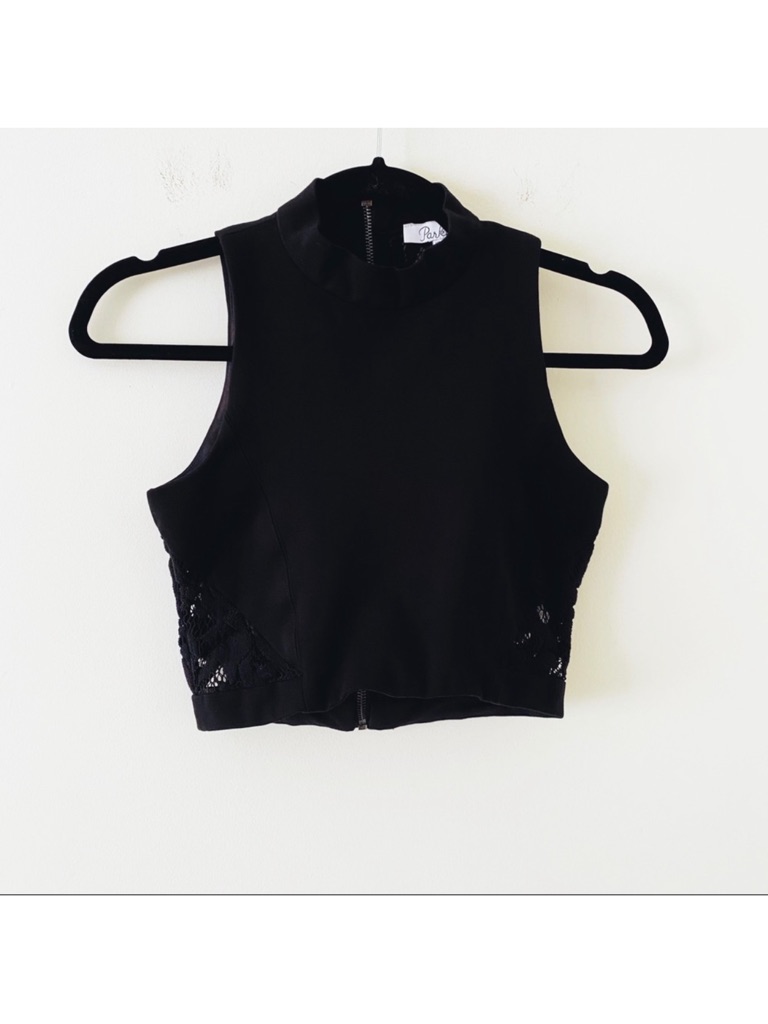 Brand New Parker Donner Black Mock Neck Zipper Back Crop Tank Top (Lace Details) — image 4 of 5